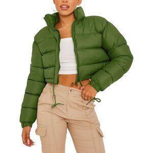 Women's Short Down Green Puffer Jacket Coat Winter Warm Zip Up Bubble Pocket